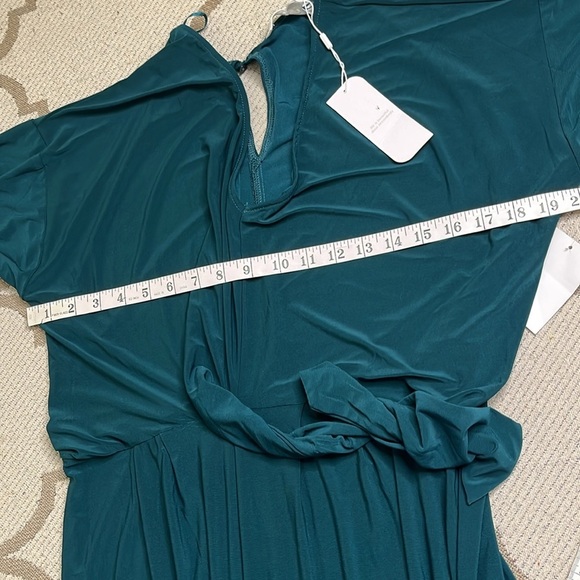 SuperFoxx Teal Faux Wrap pleated front stretch 3/4 sleeve jumpsuit - Picture 14 of 17